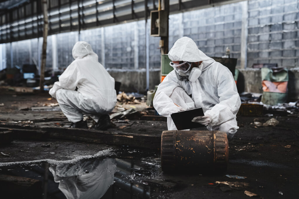 Workers in Protective Suits Checking Chemicals in Old Factory. Protecting Against Hazards and Contamination in Industrial Settings.